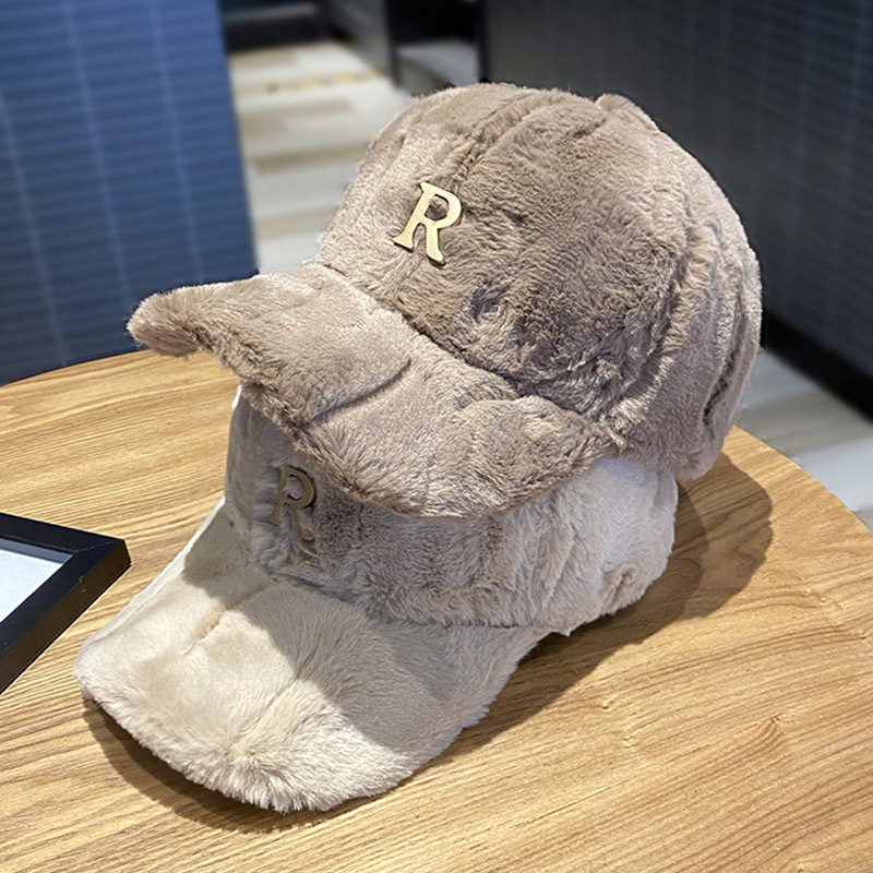 Faux Thickened Warm Plush Autumn Winter Baseball Cap Hats For Women, Metal Letter Snapback Fashion Accessories khaki