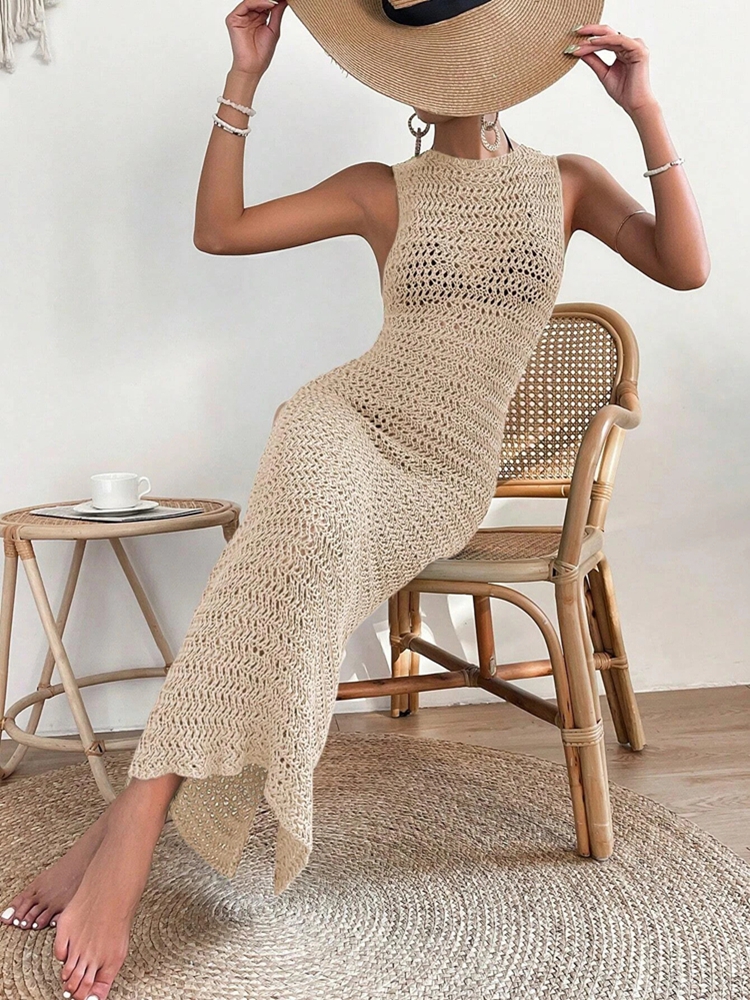 Fashionable Hollow Out Dress, Round Neck Waist Clip Skirt, Sleeveless Slim Fit Woolen Dress For Women m