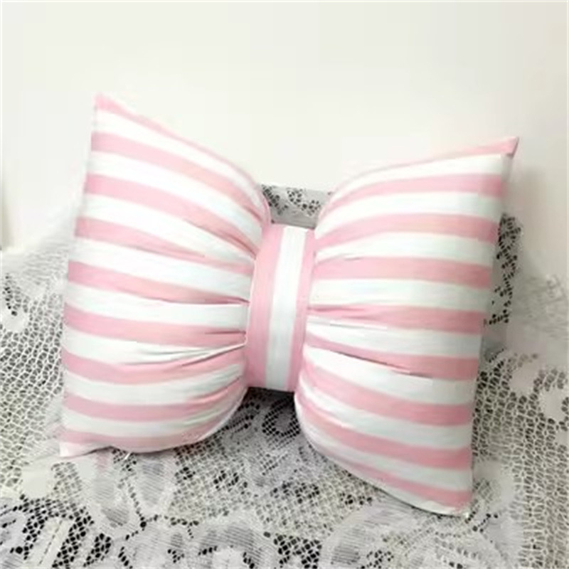 Office Lumbar Pillow, Stripe Bow Cushion Sofa Back Pillow, Photography Cushion pink