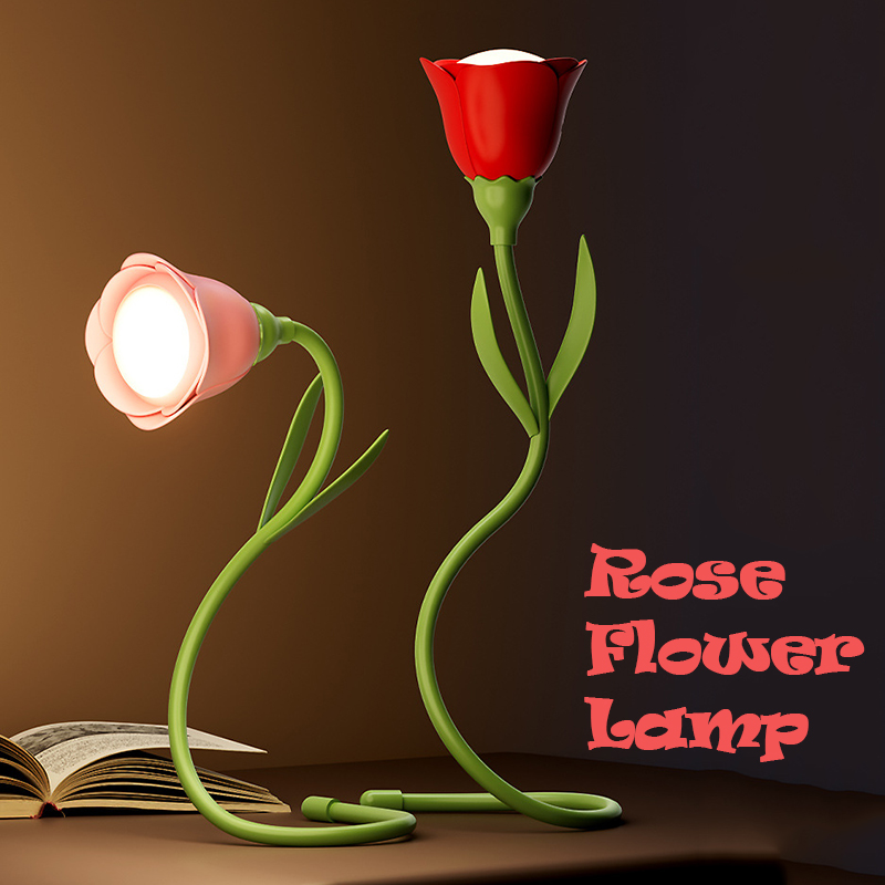 Creative Rechargeable Rose LED Desk Lamp, Bendable Dimmable Flower Night Light With Brightness Memory red