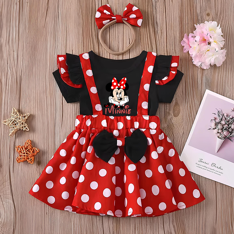 Minnie Mouse Girl Set, Summer Birthday Costume, Baby Clothing Set With Polka Dot Suspender Skirt And Bow Headband Skirt a 90 (1 2y)