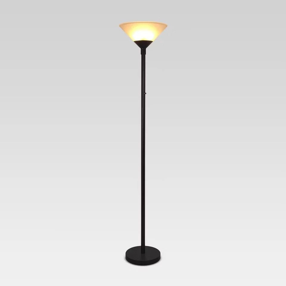 Stylish Torch Floor Lamp, Slate Black Metal Design, Dimmable Glass Cone Shade, Rotary Switch For Bedroom Or Living Room Stylish Torch Floor Lamp, Slate Black Metal Design, Dimmable Glass Cone Shade, Rotary Switch For Bedroom Or Living Room