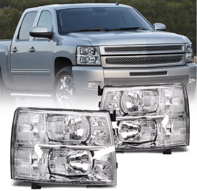 OEM Style Chrome Housing Headlights Clear Lens Replacement Pair For 2007 2013 Chevy Silverado (Bulbs Not Included) OEM Style Chrome Housing Headlights Clear Lens Replacement Pair For 2007 2013 Chevy Silverado (Bulbs Not Included)