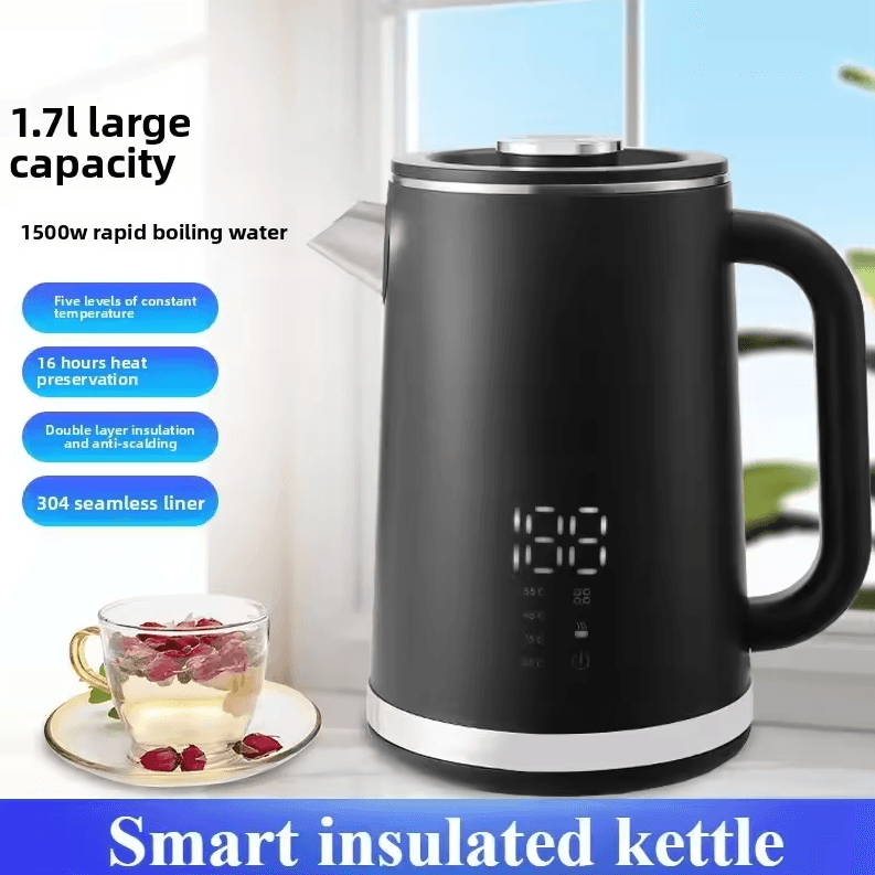 Smart Thermostatic 1.7 L Electric Kettle | Stainless Steel Double Layer Insulated Boiling Water Kettle eu