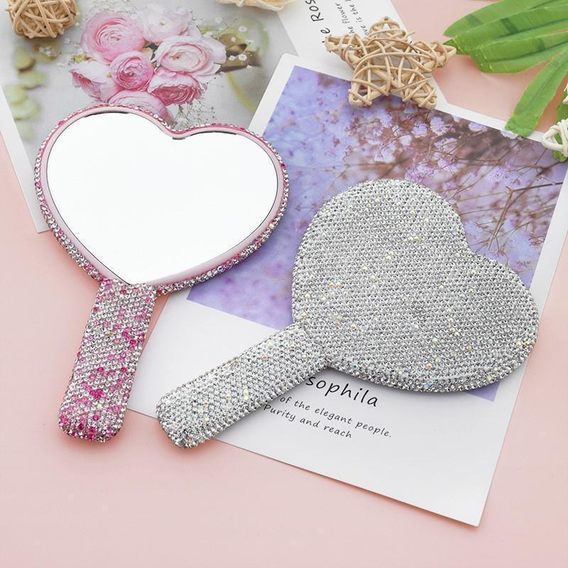 Love Heart Diamond Handheld Vanity Mirror Female Handle For Cosmetic Beauty white