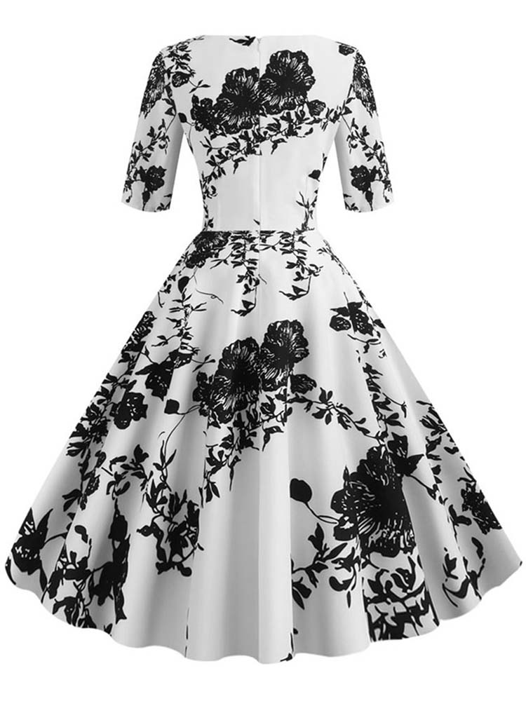 Half Sleeve Black Summer Women Dress, Floral Print Vintage Party Dresses, Casual Retro A Line Vestidos 005 m
