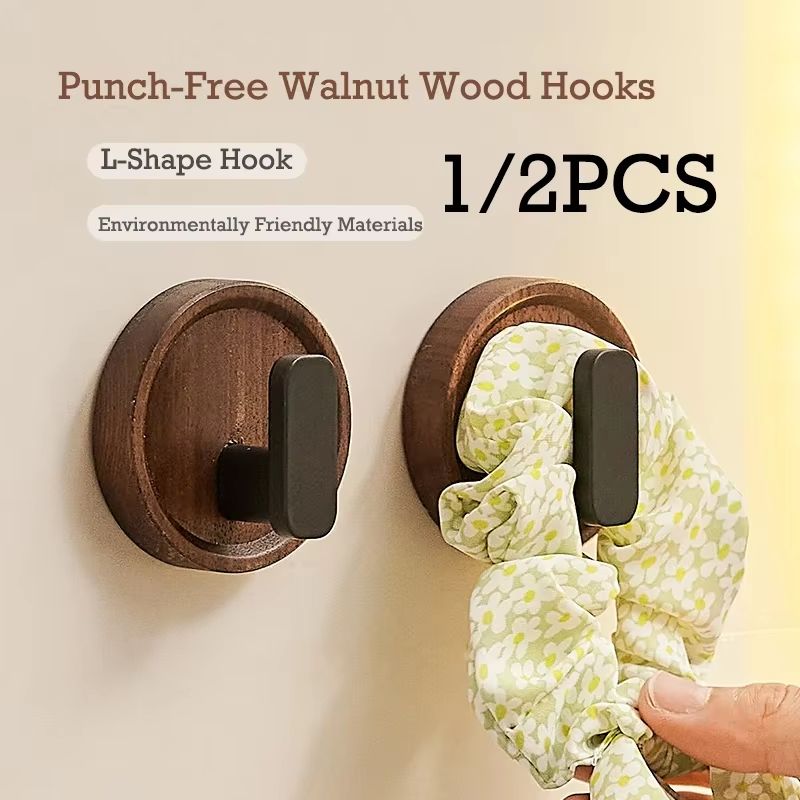 Punch Free Walnut Wood Wall Hooks Circular Coat Key And Towel Hook Organizer For Bathroom Kitchen And Entryway 2pcs