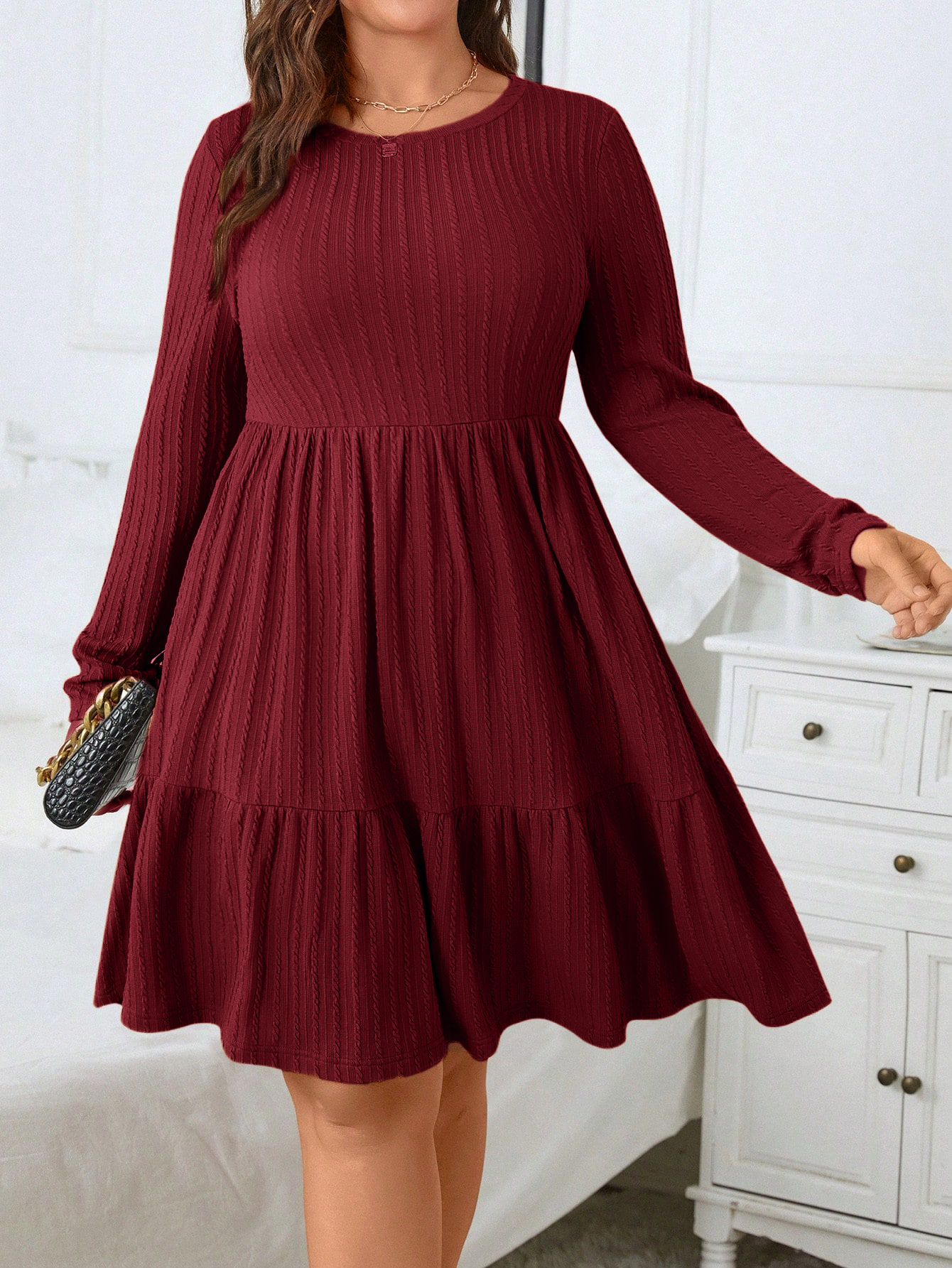 Autumn And Winter Plus Size Women's Dress, Long Sleeve Round Neck Solid Color With Ruffle Hem And Pockets black 3xl