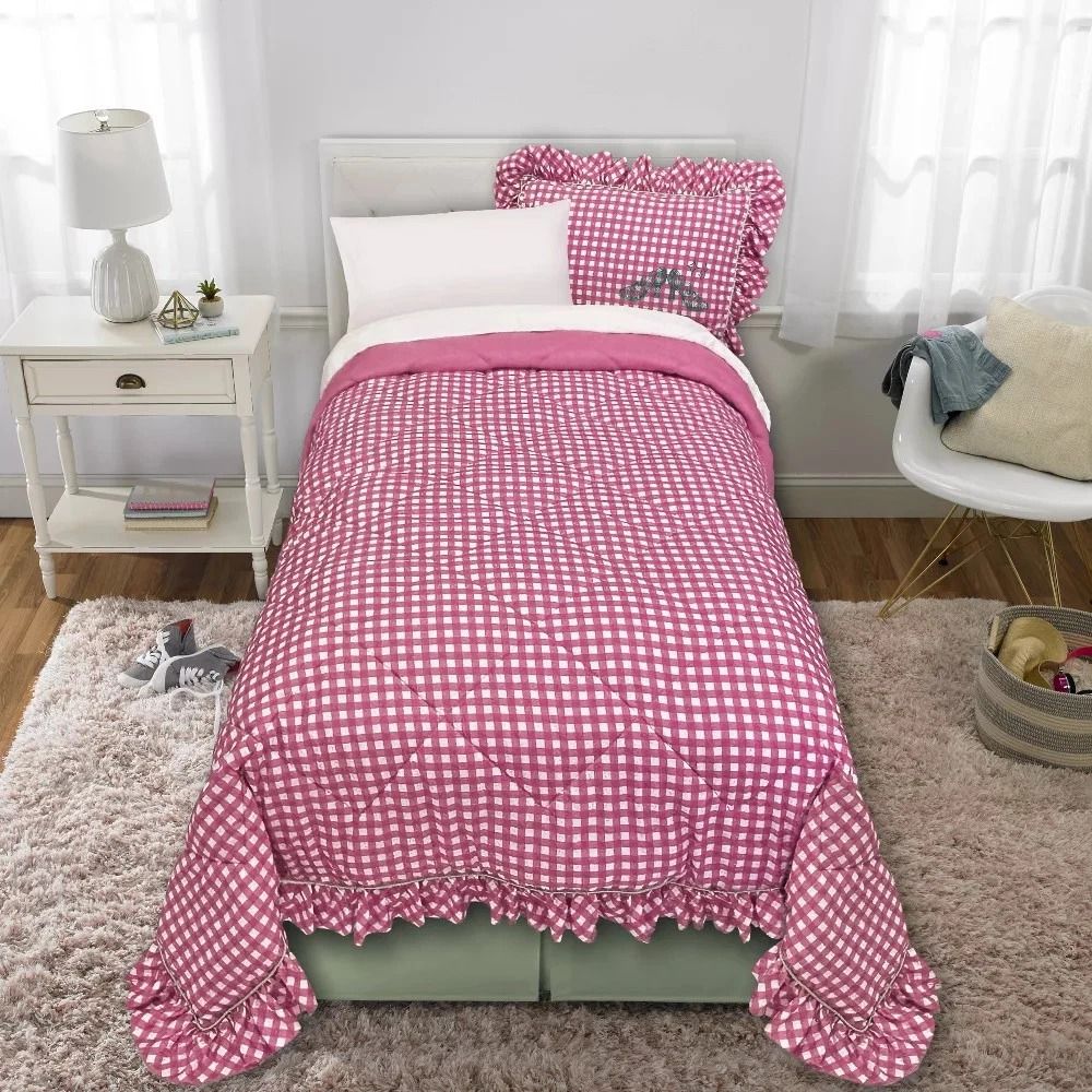 Pink Gingham Twin Comforter , Wicked For Good Inspired Design, Ruffled Edges Pink Gingham Twin Comforter , Wicked For Good Inspired Design, Ruffled Edges