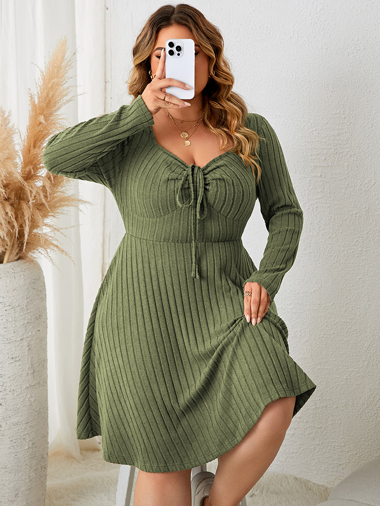 Sweetheart Neck Knot Front A Line Dress For Women, Fall Vintage Ribbed Knit Long Sleeve Casual Winter Dresses apricot xxxl