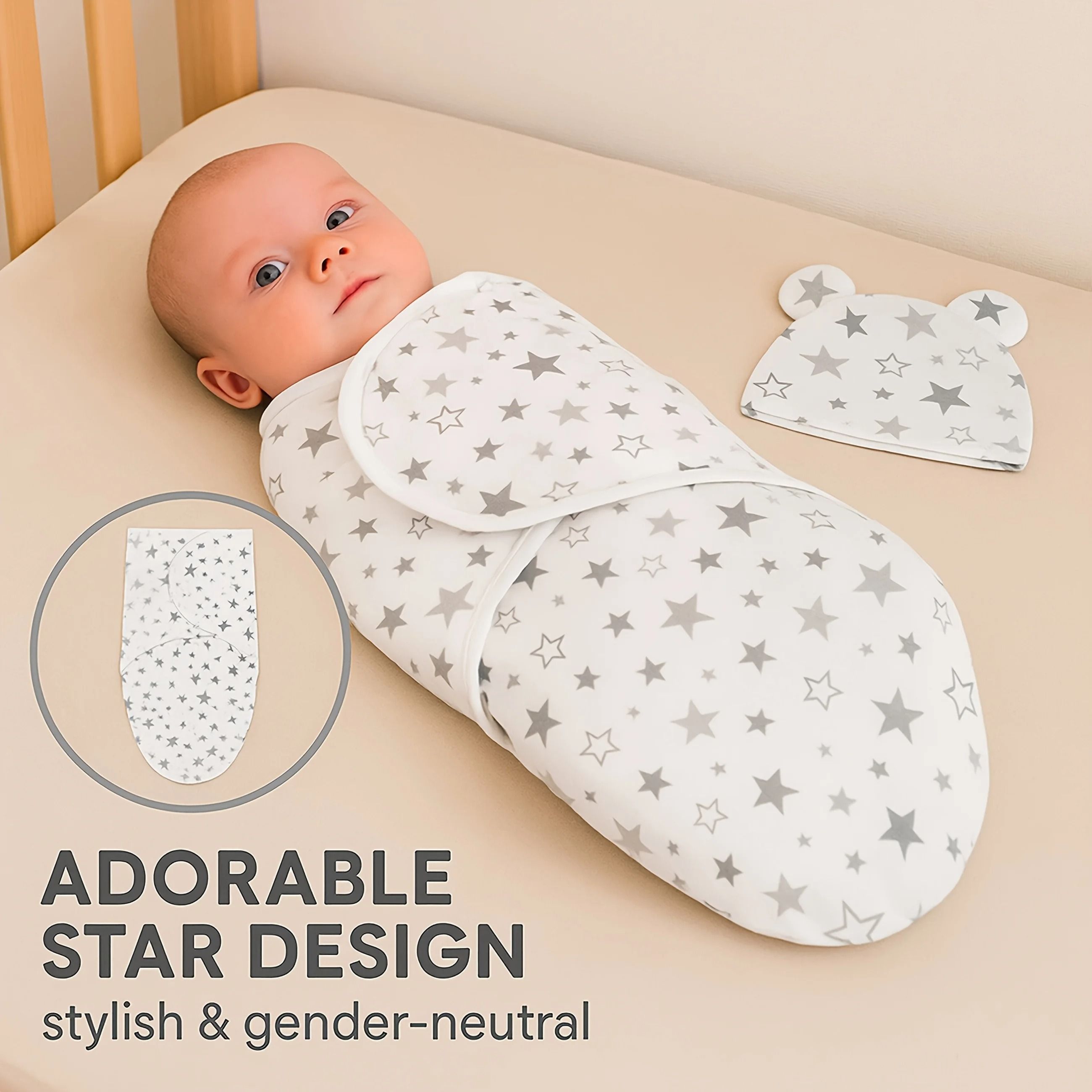 1pc Baby Swaddle Set With Hat Ultra Soft Gray Star, Cloud & Moon Patterns pink