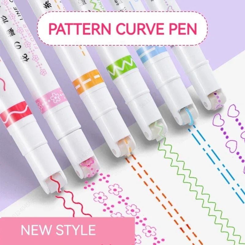 Kawaii Flower Line Shape Roller Curve Highlighter Pen Set 7058a 6 Colors