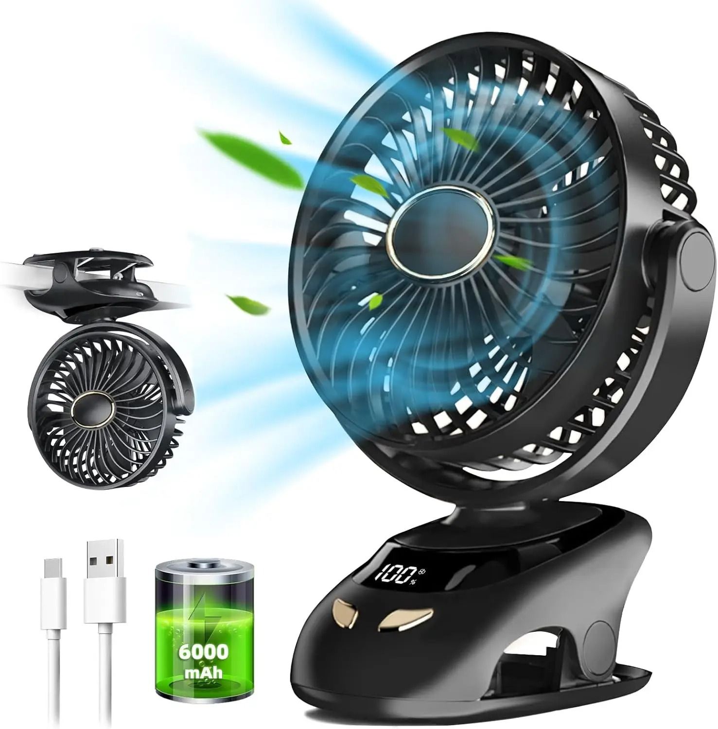 Portable Multi Surface USB Clip Fan Versatile Personal Cooling black (3000 Mah)