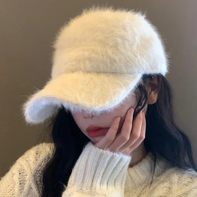 Korean Warm Rabbit Hair Baseball Cap Women, Autumn Winter Solid Color Plush Duck Bill Hat black