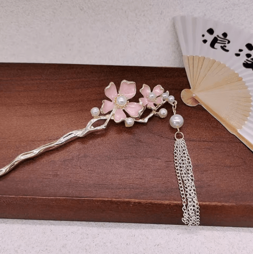 Retro Chinese Style Hair Sticks Forks Pink Flower Alloy Hairpins With Pearl Chain Tassel s1
