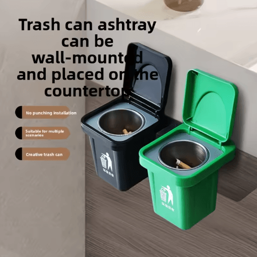 Stainless Steel Wall Mounted Ashtray With Lid Anti Fly Ash Bathroom Trash Can Ashtray black