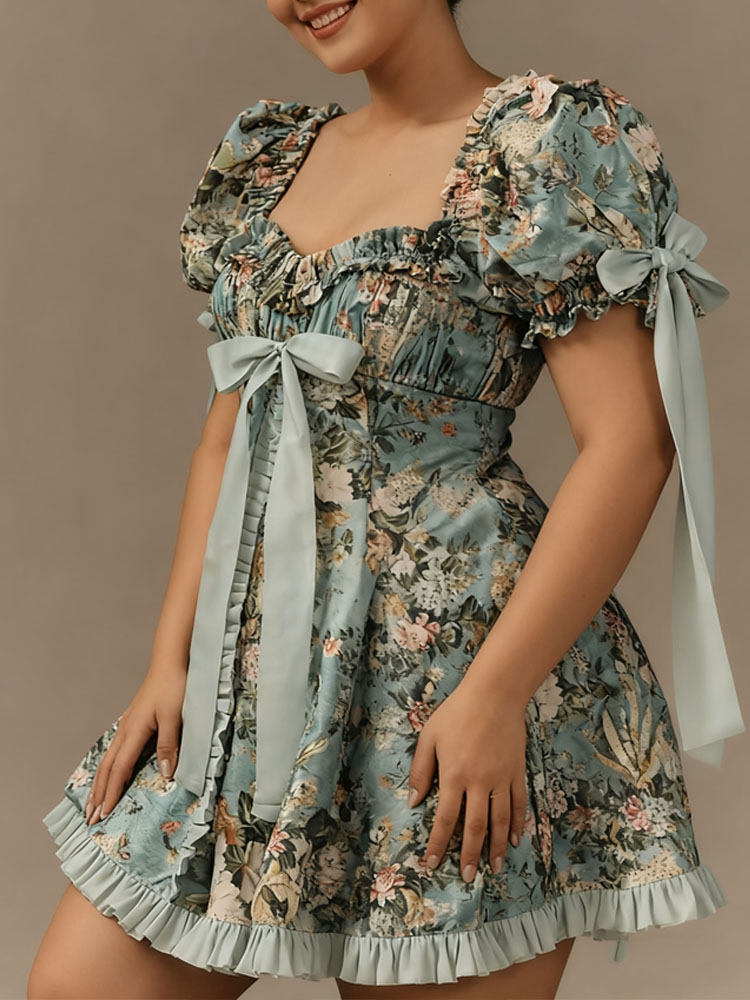 Plus Size Womens Lace Square Collar Mini Dress With Floral Print, Lantern Short Sleeves Elegant Party Dress green 3xl