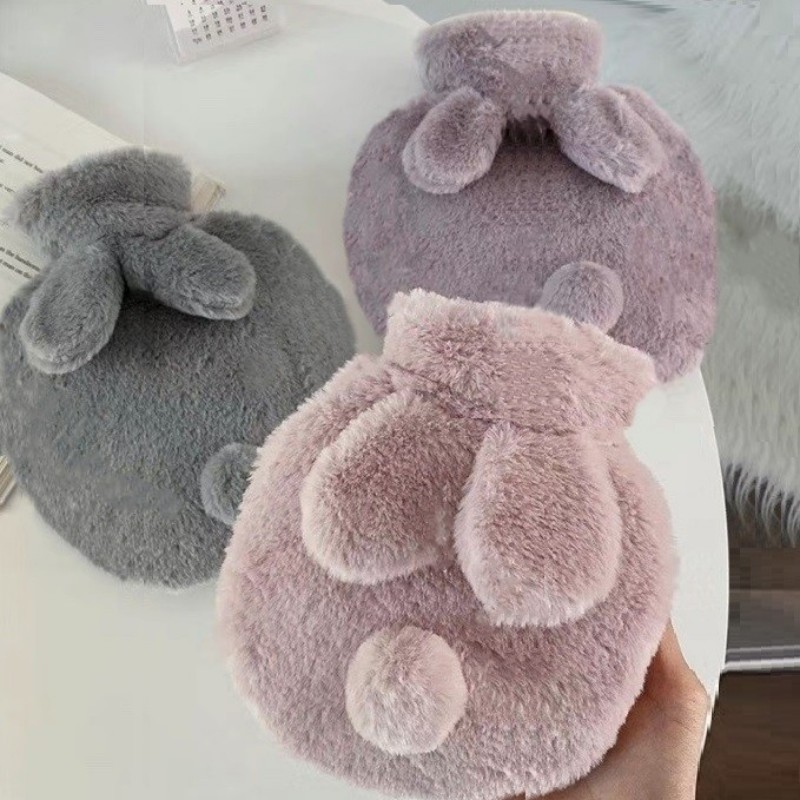 Cute Plush Rabbit Hand Feet Warmer With Cover For Winter, Reusable Explosion Proof Hot Water Jug Bottle deep Grey
