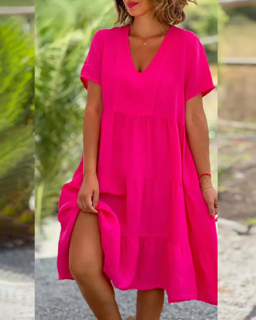 Solid V neck Large Swing Loose Dress For Summer Sweet Style rose Red l