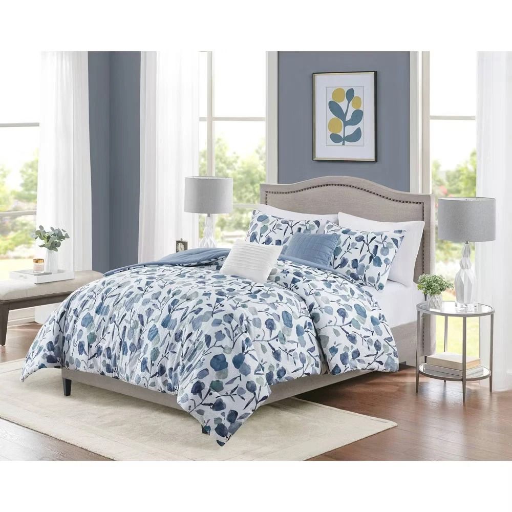 Seersucker Bedding Set, Extra Long Comforter, Tulip Print Bedding Set With Decorative Pillows, White Seersucker Bedding Set, Extra Long Comforter, Tulip Print Bedding Set With Decorative Pillows, White