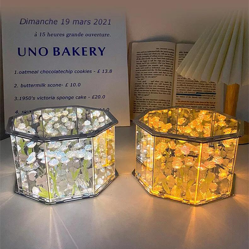 DIY Tulip Mirror Cube Lamp, Three Dimensional Nightlight, Handmade Craft Birthday Gift, LED Tulip Night Light Material blue Tulip