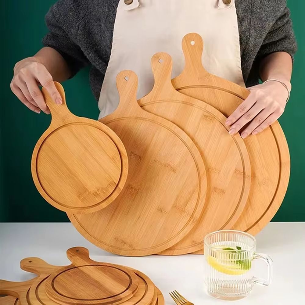 Round Bamboo Pizza Board With Handle 610in Multi Use Serving & Cutting Tray 7 Inch