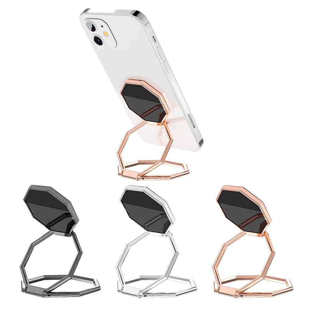 360 Rotating Foldable Phone Stand With Ultra Thin Metal Ring Holder And Multi Angle Kickstand hexagon Rose Gold