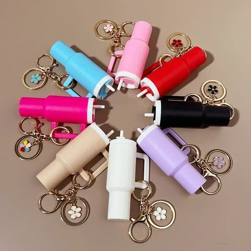 Cute Ice Cup Keychain Lipstick Holder Flower Pendant Bag Charm pink