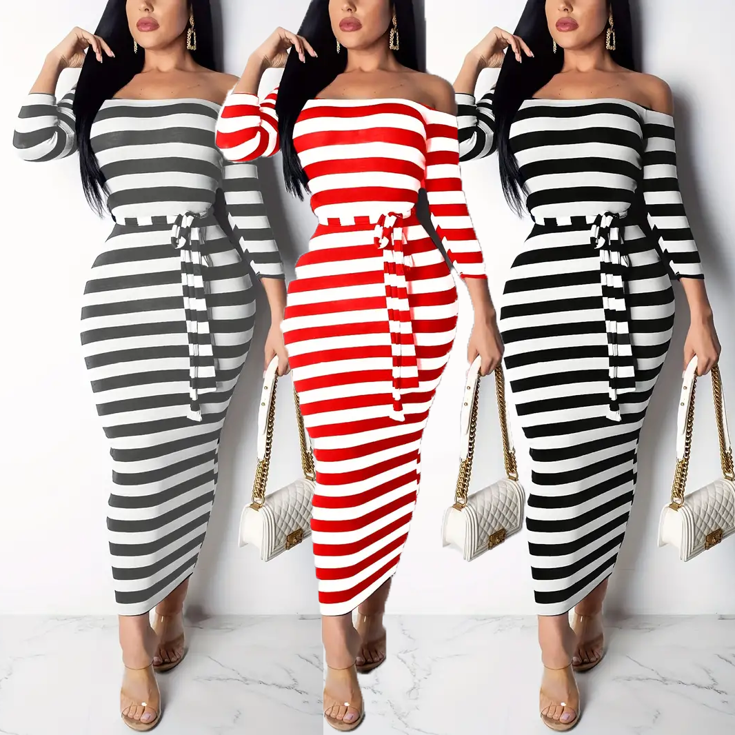 Casual Women Dress Summer Striped Bodycon Midi Dress, Slash Neck Lace Up Three Quarter Pencil Dress gray s