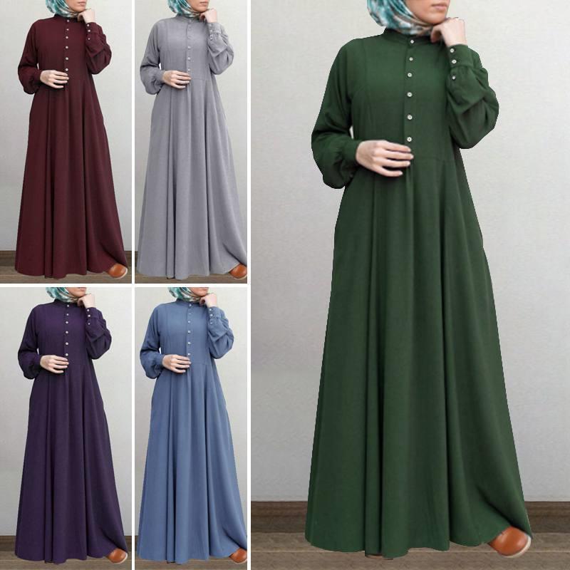 Spring Casual Loose Waist Retro Muslim Abaya Long Robe Big Swing Style Cotton Solid Color Patchwork Dress 4xl gray