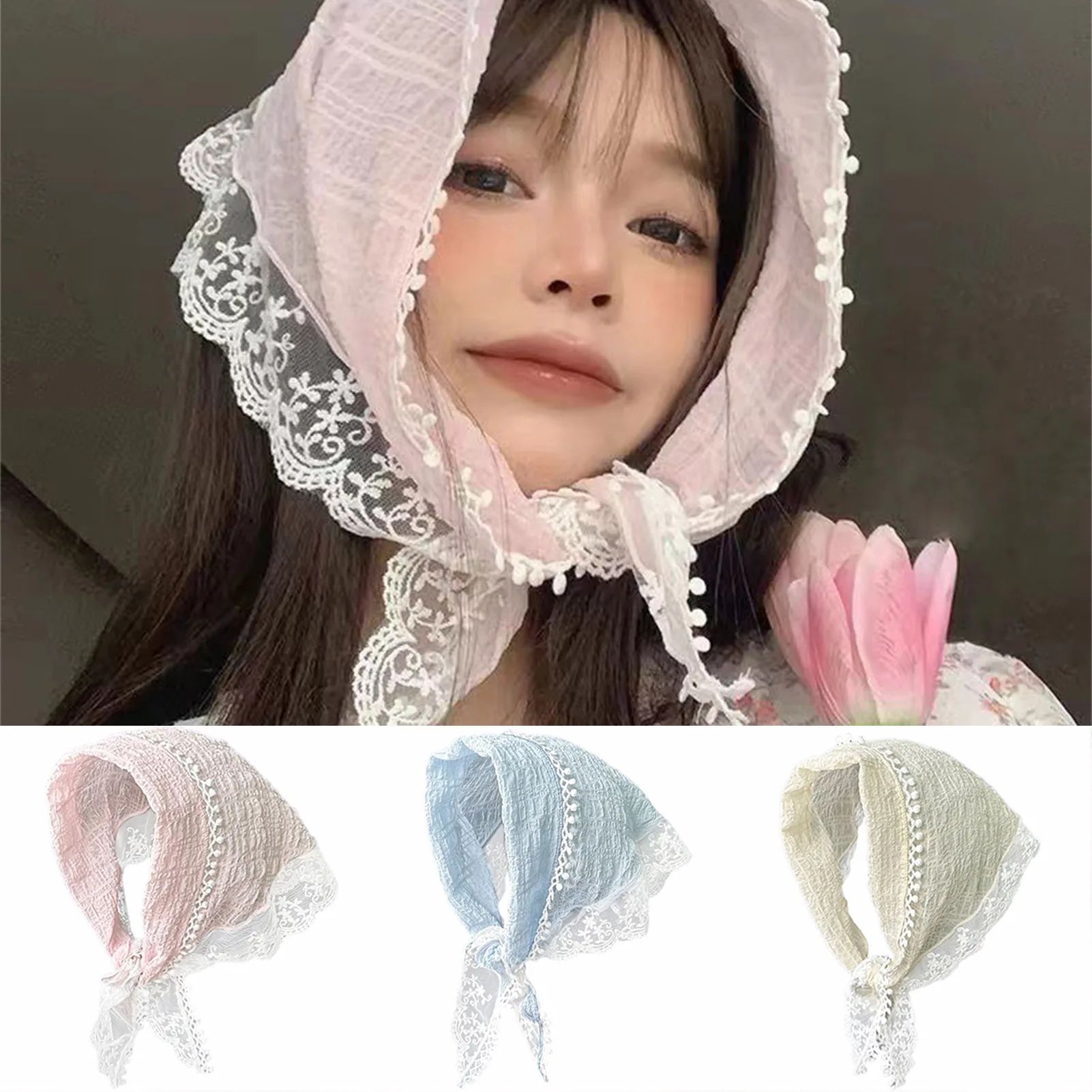 Womens Non Slip Floral Lace Head Scarf Headband, Elegant Hair Kerchief Wrap For Styling, Daily Wear & Party Decor cream