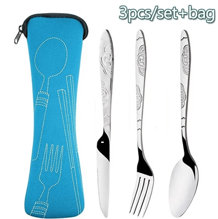 Portable Washable Picnic Cutlery Set In Zipper Travel Pouch blue