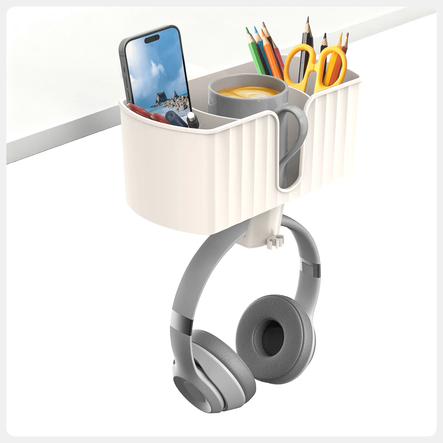 4 In 1 Under Desk Headphone Hanger Clamp With Cup Holder And Pen Storage 4 In 1 Under Desk Headphone Hanger Clamp With Cup Holder And Pen Storage