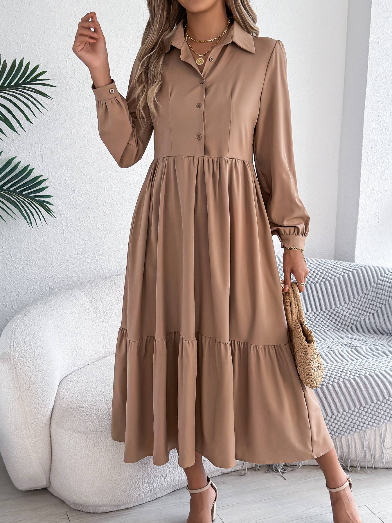 Spring And Autumn Casual Vacation Long Sleeved Turn down Collar Single Breasted Dress For Women claret xl