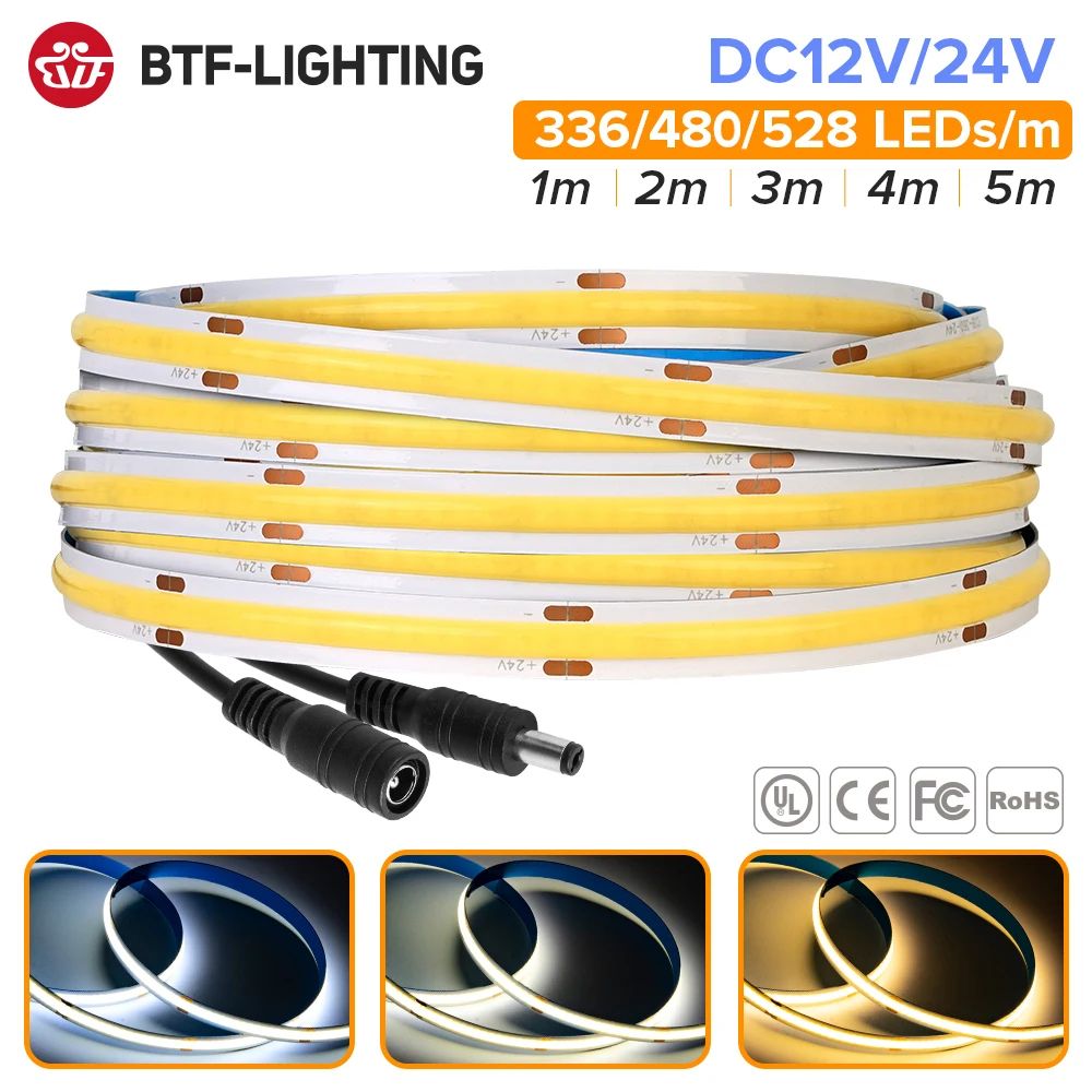 FCOB High Density COB LED Strip Light (RA90), 12V 24V Linear Dimmable Warm Natural Cool White 6000k Cool White 12v 336 Leds 1m