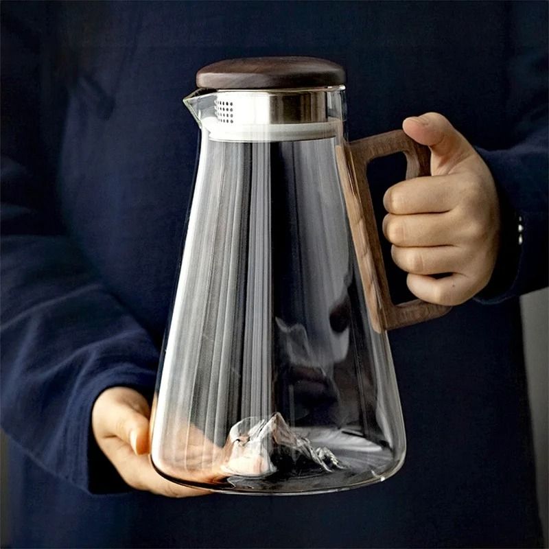 Large Capacity Glass Cold Water Jug Wooden Handle clear