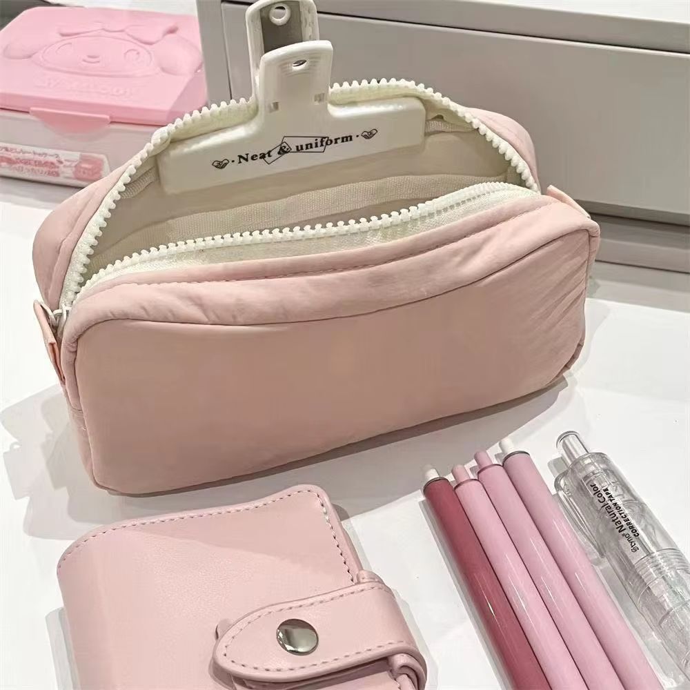 Simplicity Solid Color Large Capacity Pen Bag With Zipper Portable Stationery Pouch white