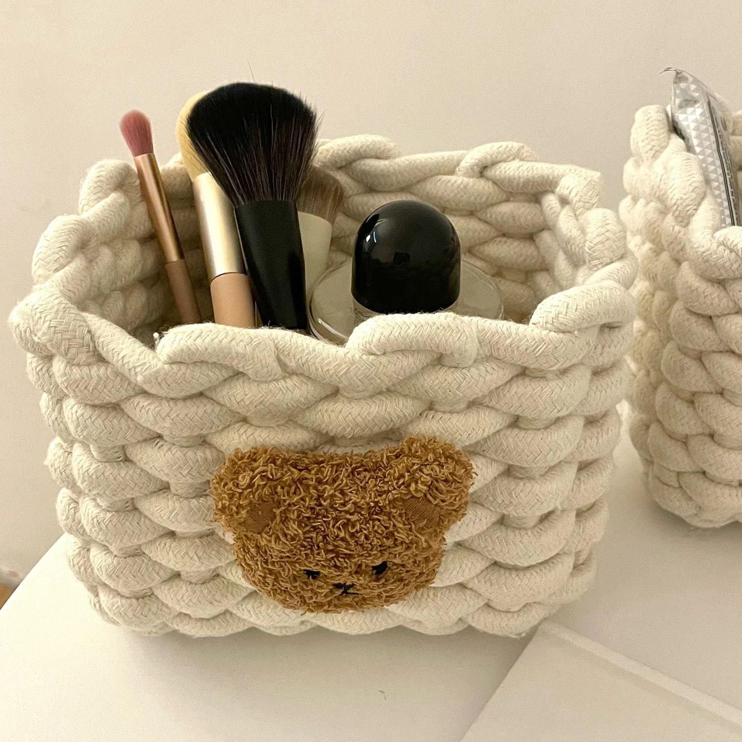 Handmade Cotton Rope Storage Basket Little Bear Cute Desktop Organizer For Cosmetics, Sundries, Eco Friendly Bin style 1
