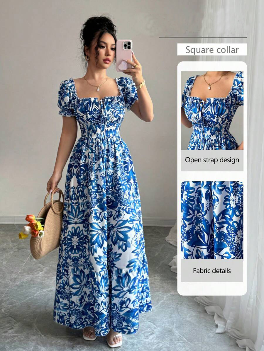 Blue Long Dress, Elegant Women's Floral Print, Front Tie Back Gathered Waist, Bubble Sleeve Dress For Casual Vacation blue m