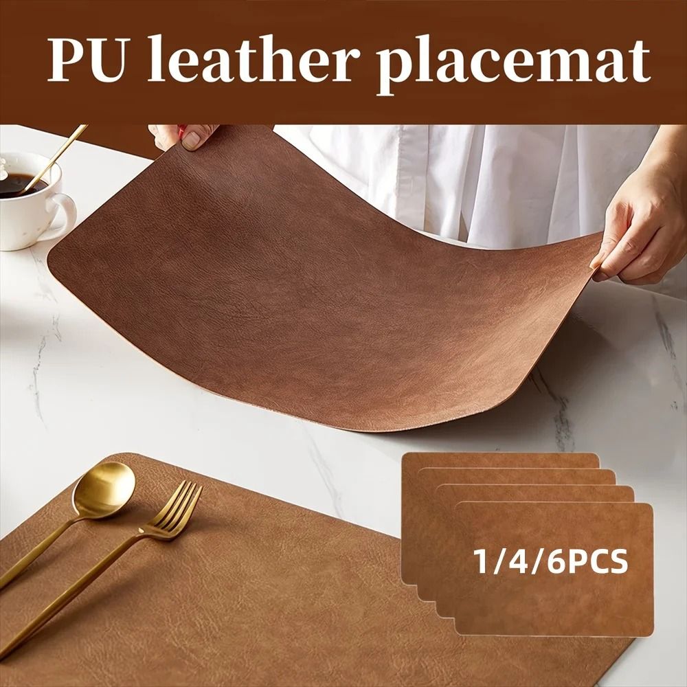 Square Faux Leather Kitchen Dining Placemats Heat Resistant Insulation Table Mats brown 1 Pc