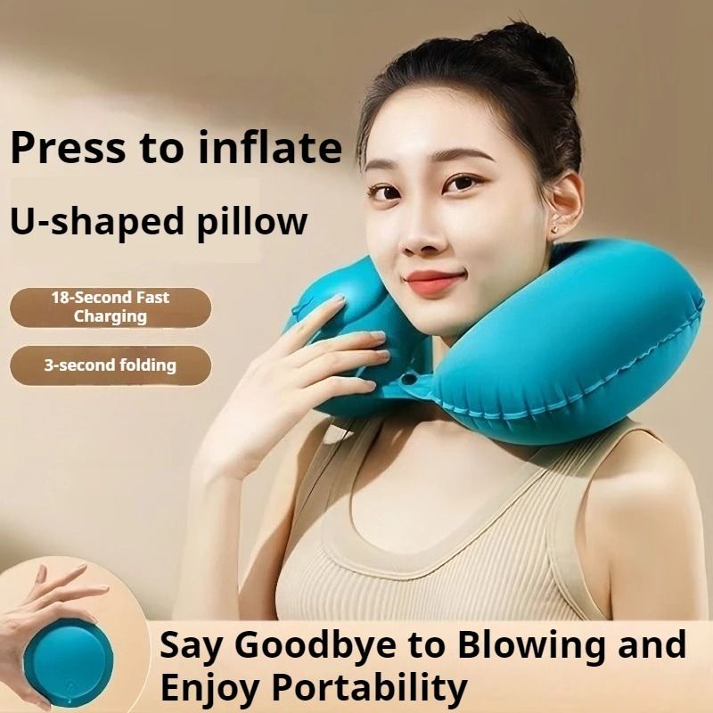 U shaped Flocking Inflatable Neck Pillow Portable Compression Travel Pillow For Outdoor Camping And Hiking gray