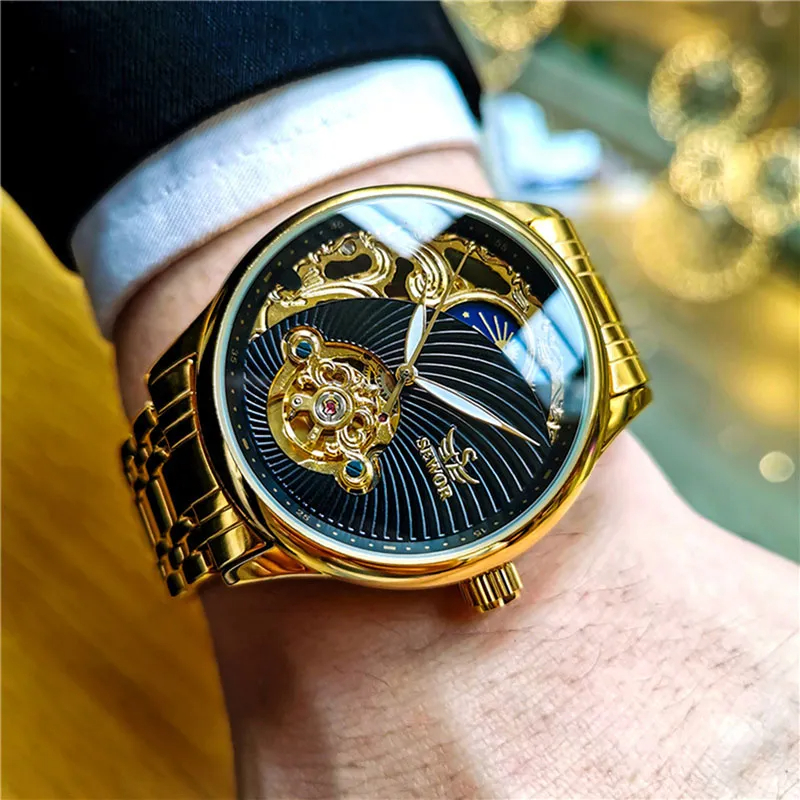 Luxury Gold Skeleton Men's Watch Retro Tourbillon Mechanical Automatic Moon Phase Stainless Steel Luxury Gold Skeleton Men's Watch Retro Tourbillon Mechanical Automatic Moon Phase Stainless Steel