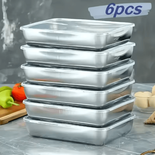 6 Piece Stainless Steel Food Storage Container Set Large Capacity Kitchen Essentials plate 6pcs 25.2x19.8x4.5cm