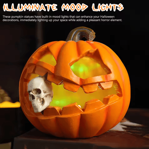 Halloween Ghost Pumpkin Lantern Pumpkin Eating Skull Statue For Porch Garden And Table Decor a