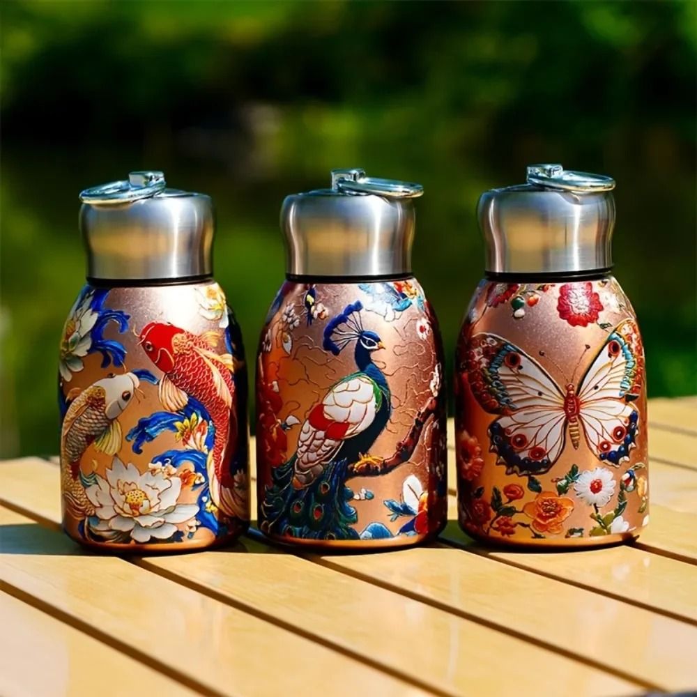 Stainless Steel Insulated Water Bottle With Mini Cup Floral Koi Design golden Butterfly 201 300 Ml 1 Pc
