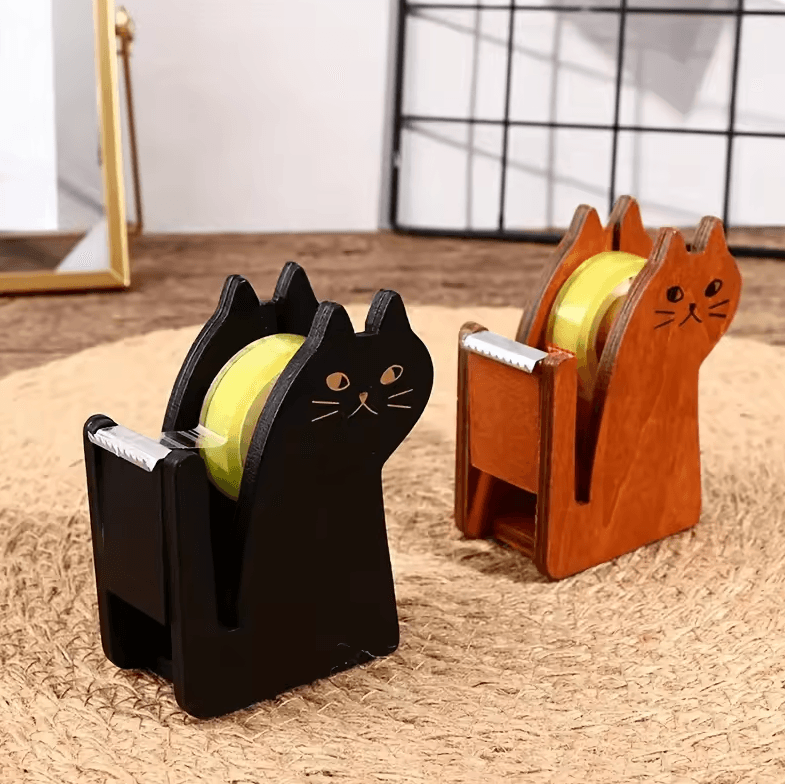 Cute Cat Shaped Tape Dispenser Wooden & Transparent Plastic Tape Holder For Desk black