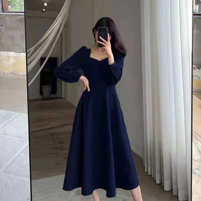 High Waist Slim Evening Party Dresses Long Puff Sleeve Solid Elegant Dress Women Fashion Wedding Guest New Year Women navy Blue xxl