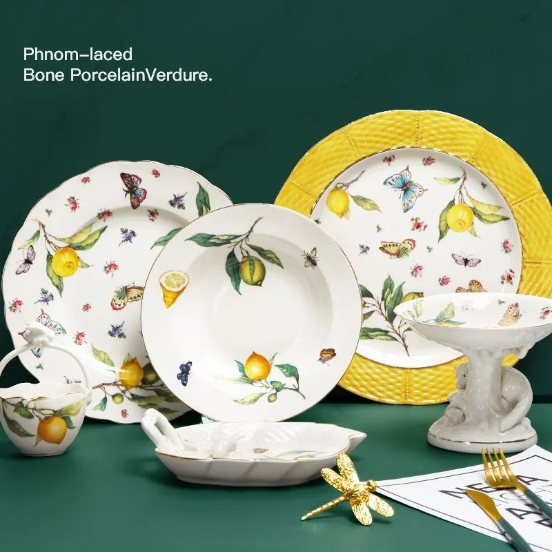 European Style Lemon Pattern Ceramic Dining Set Elegant Dinner, Steak & Dessert Plates kettle