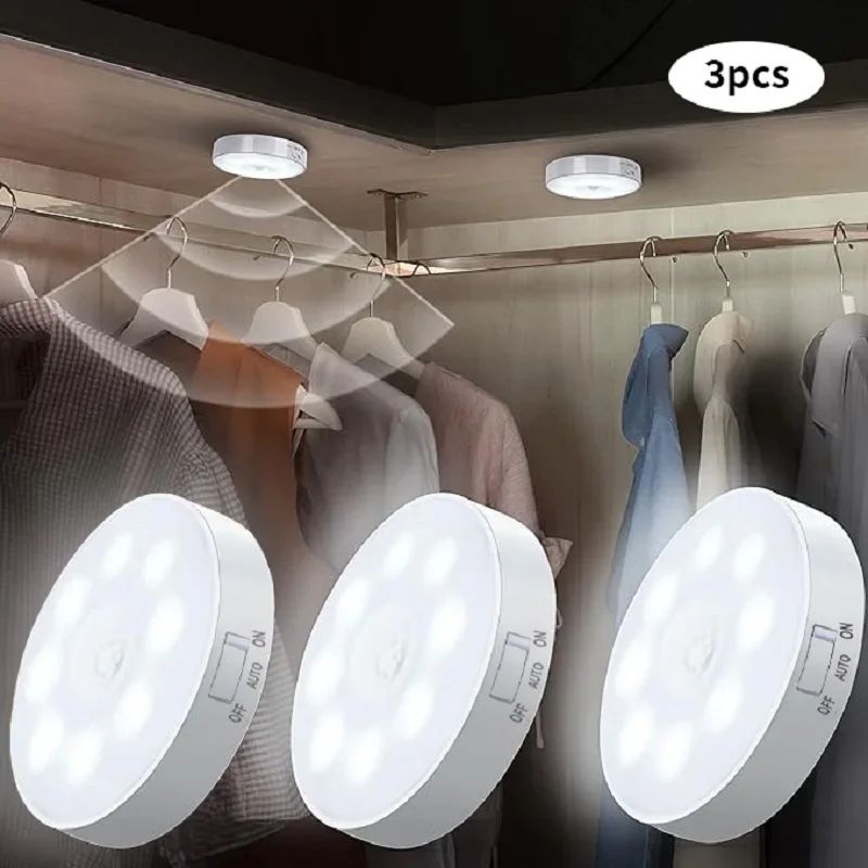 Motion Sensor LED Night Light USB Rechargeable Wireless Closet & Cabinet Light For Kitchen, Stairs, Wardrobe & Hallway white Light 3 Pcs.