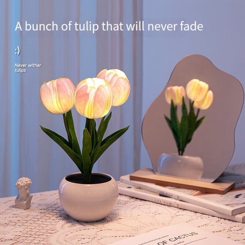 Simulation Flower Bouquet Tulip Table Lamp LED Bedside Lamp, Romantic Bedroom Home Decoration white